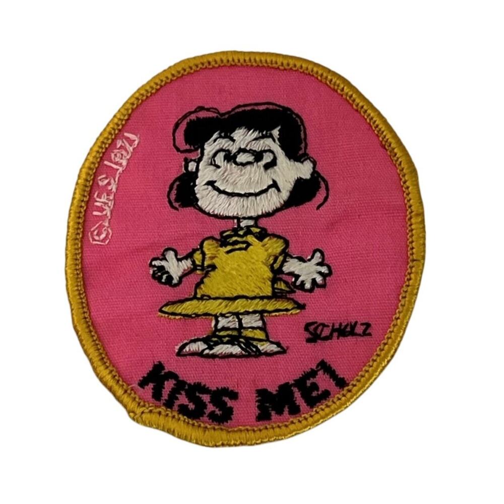 Vintage KISS ME Lucy Van Pelt Peanuts Character Sew On Patch 1970s Pink Twill